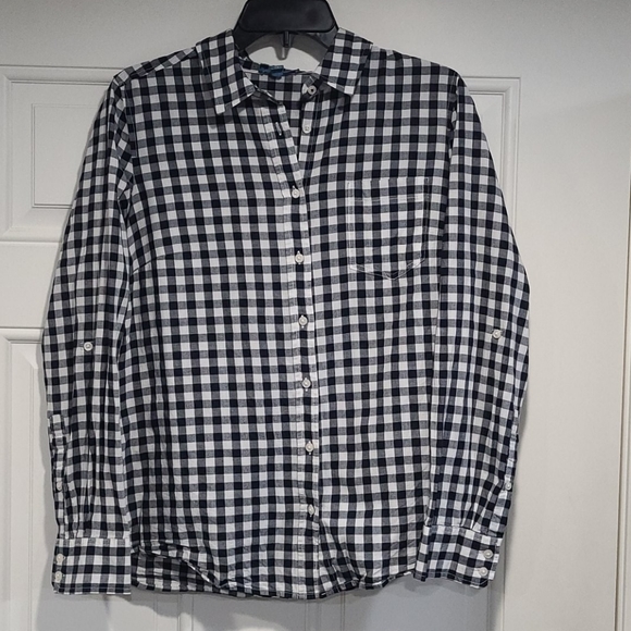 BLOUSE: Black/White Check Button Down Blouse - Picture 1 of 8